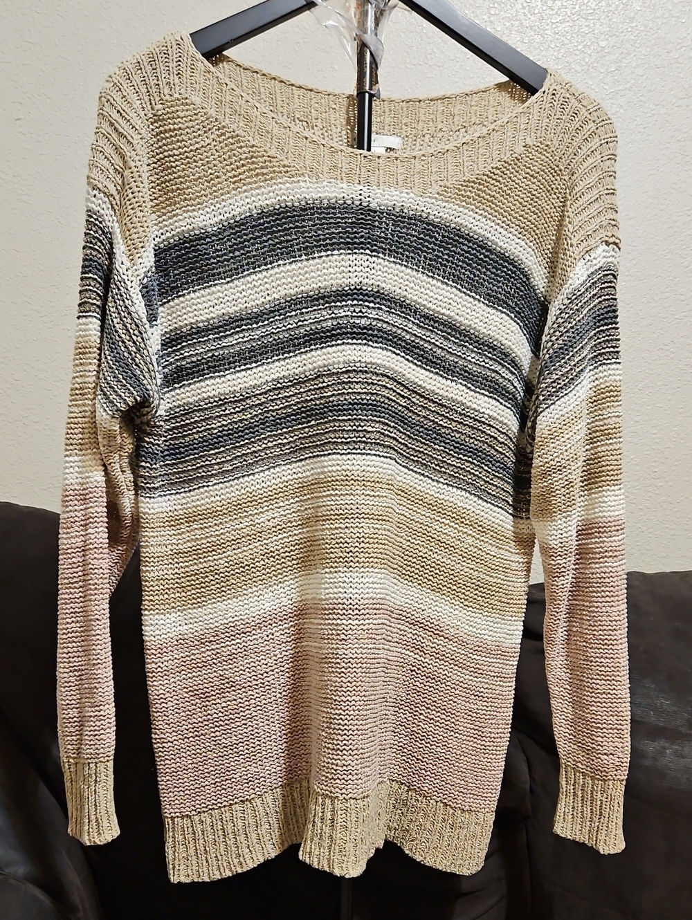 Striped Crewneck Sweater in Beige, Black & Pink
